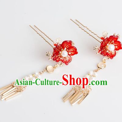 Chinese Handmade Red Flower Hairpins Ancient Princess Hair Accessories Headwear for Women