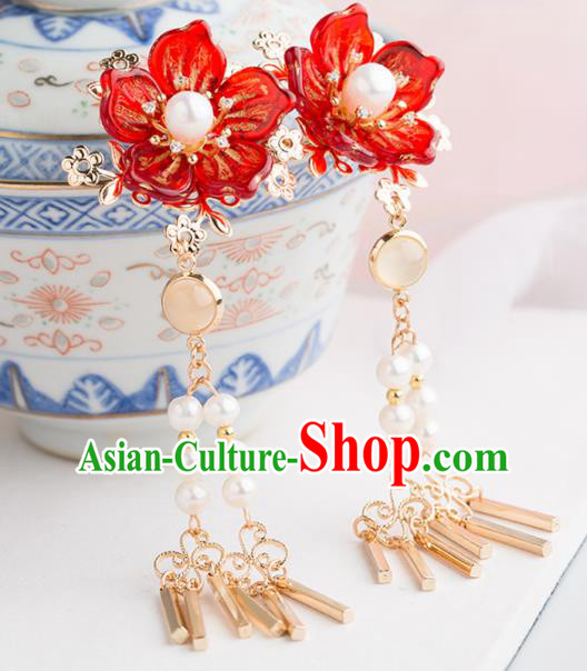 Chinese Handmade Red Flower Hairpins Ancient Princess Hair Accessories Headwear for Women Chinese Handmade Red Flower Hairpins Ancient Princess Hair Accessories Headwear for Women