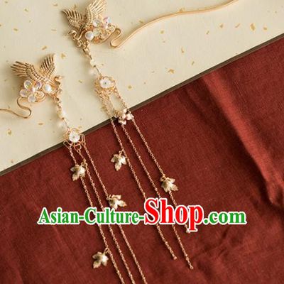 Chinese Handmade Golden Crane Tassel Hairpins Ancient Princess Hair Accessories Headwear for Women