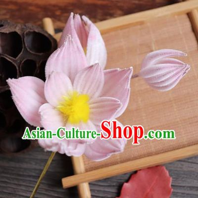 Chinese Handmade Wedding Pink Velvet Lotus Hairpins Ancient Palace Queen Hair Accessories Headwear for Women