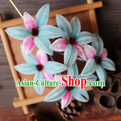 Chinese Handmade Wedding Light Blue Velvet Flowers Hairpins Ancient Palace Queen Hair Accessories Headwear for Women