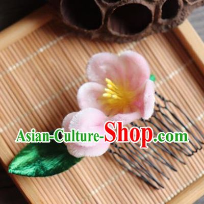 Chinese Handmade Wedding Pink Velvet Peach Flower Hair Comb Ancient Palace Queen Hair Accessories Headwear for Women