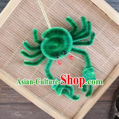 Chinese Handmade Green Velvet Crab Hairpins Ancient Palace Queen Hair Accessories Headwear for Women