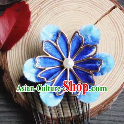 Chinese Handmade Blue Velvet Hair Comb Ancient Palace Queen Hair Accessories Headwear for Women