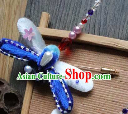 Handmade Chinese Classical Blue Velvet Pearls Dragonfly Brooch Ancient Palace Breastpin for Women Handmade Chinese Classical Blue Velvet Pearls Dragonfly Brooch Ancient Palace Breastpin for Women