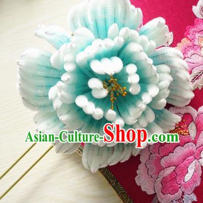 Chinese Handmade Green Velvet Peony Hairpins Ancient Palace Queen Hair Accessories Headwear for Women