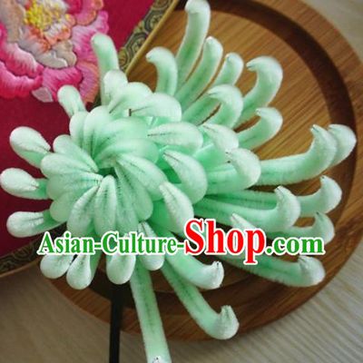 Chinese Handmade Palace Green Velvet Chrysanthemum Hairpins Ancient Queen Hair Accessories Headwear for Women