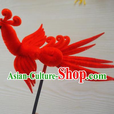 Chinese Handmade Palace Red Phoenix Velvet Hairpins Ancient Queen Hair Accessories Headwear for Women