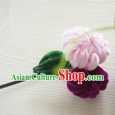 Chinese Handmade Palace Velvet Pink Chrysanthemum Hairpins Ancient Queen Hair Accessories Headwear for Women