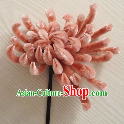 Chinese Handmade Palace Pink Chrysanthemum Flowers Velvet Hairpins Ancient Queen Hair Accessories Headwear for Women