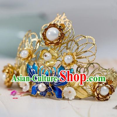 Chinese Handmade Hanfu Cloisonne Lotus Hair Crown Hairpins Ancient Princess Hair Accessories Headwear for Women
