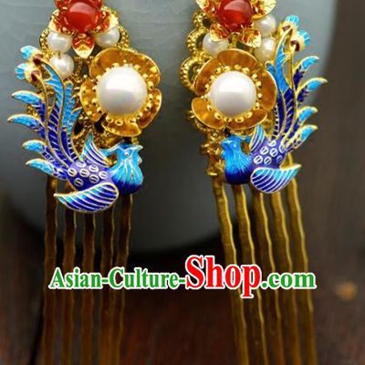 Chinese Handmade Hanfu Cloisonne Phoenix Hair Combs Hairpins Ancient Princess Hair Accessories Headwear for Women