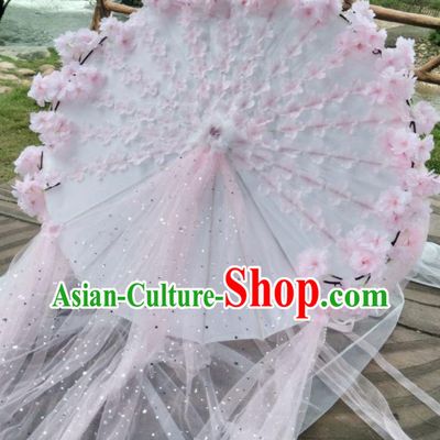 Chinese Traditional Pink Flowers Ribbon Tassel Umbrella Ancient Princess Umbrella for Women