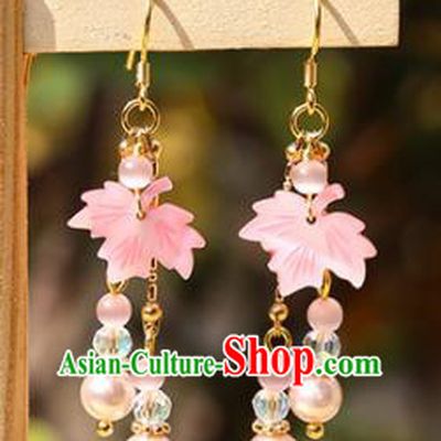 Handmade Chinese Classical Pink Maple Leaf Earrings Ancient Palace Hanfu Ear Accessories for Women