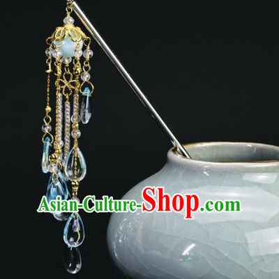 Chinese Handmade Hanfu Hairpins Blue Beads Tassel Step Shake Ancient Palace Princess Hair Accessories Headwear for Women