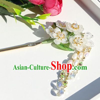 Chinese Handmade Hanfu Hairpins White Flowers Tassel Step Shake Ancient Palace Princess Hair Accessories Headwear for Women