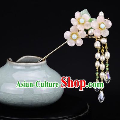 Chinese Handmade Hanfu Hairpins Pink Flowers Tassel Step Shake Ancient Palace Princess Hair Accessories Headwear for Women