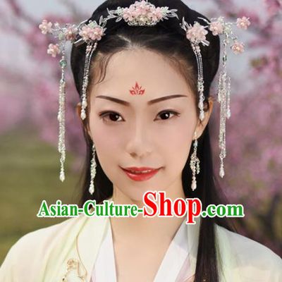 Chinese Handmade Palace Pink Flowers Hair Crown Hairpins Ancient Princess Hanfu Hair Accessories Headwear for Women