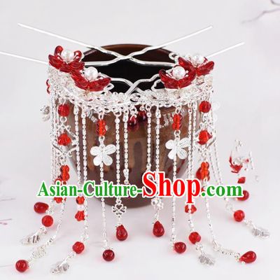 Chinese Handmade Palace Red Flowers Tassel Hairpins Ancient Princess Hanfu Hair Accessories Headwear for Women