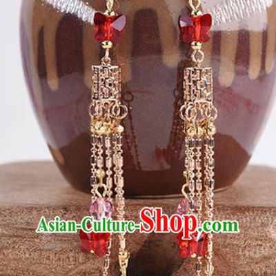 Handmade Chinese Classical Red Crystal Earrings Ancient Palace Hanfu Ear Accessories for Women