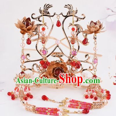 Chinese Handmade Palace Red Beads Tassel Hair Crown Hairpins Ancient Princess Hanfu Hair Accessories Headwear for Women