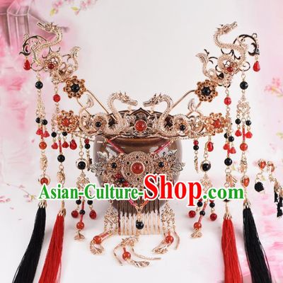 Chinese Handmade Palace Dragons Tassel Hair Crown Hairpins Ancient Princess Hanfu Hair Accessories Headwear for Women