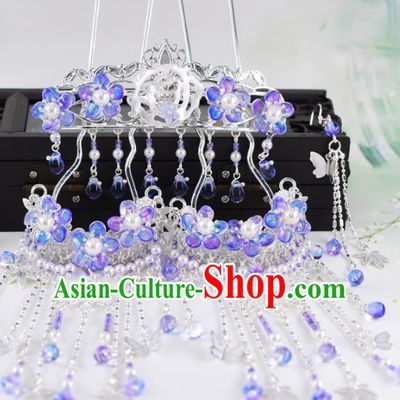 Chinese Handmade Palace Hair Crown Purple Flowers Tassel Hairpins Ancient Princess Hanfu Hair Accessories Headwear for Women