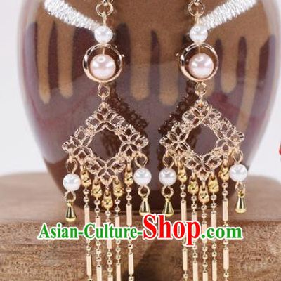 Handmade Chinese Classical Golden Tassel Earrings Ancient Palace Hanfu Ear Accessories for Women