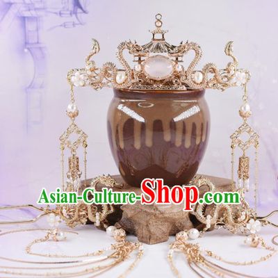 Chinese Handmade Palace Pavilion Hair Crown Hairpins Ancient Princess Hanfu Hair Accessories Headwear for Women