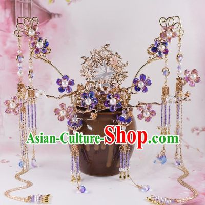 Chinese Handmade Palace Purple Plum Blossom Hair Crown Hairpins Ancient Princess Hanfu Hair Accessories Headwear for Women