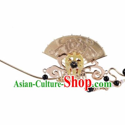 Chinese Handmade Palace Golden Fan Hairpins Ancient Princess Hanfu Hair Accessories Headwear for Women