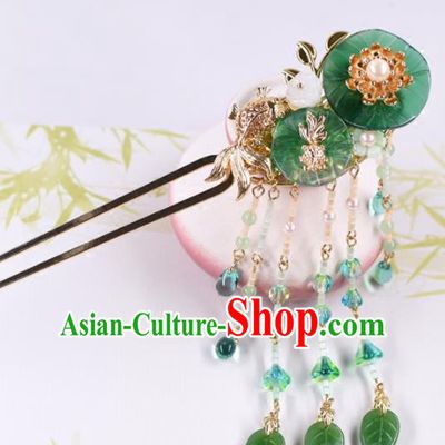 Chinese Handmade Palace Lotus Leaf Tassel Hairpins Ancient Princess Hanfu Hair Accessories Headwear for Women