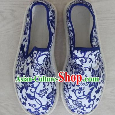 Chinese Handmade Printing Blue Lotus Cloth Shoes Traditional National Shoes Ancient Princess Hanfu Shoes for Women