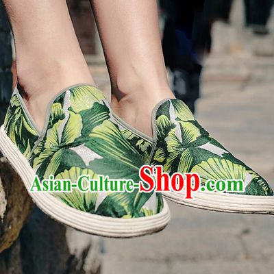Chinese Handmade Printing Green Cloth Shoes Traditional National Shoes Ancient Hanfu Shoes for Women