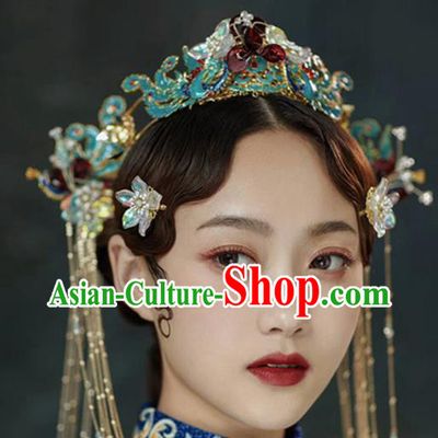 Chinese Handmade Palace Cloisonne Phoenix Coronet Hairpins Ancient Princess Hanfu Hair Accessories Headwear for Women