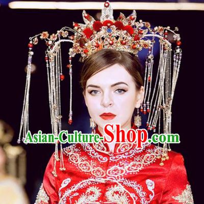 Chinese Handmade Palace Red Venonat Phoenix Coronet Hairpins Ancient Princess Hanfu Hair Accessories Headwear for Women