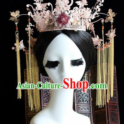 Chinese Handmade Palace Pink Phoenix Coronet Hairpins Ancient Princess Hanfu Hair Accessories Headwear for Women
