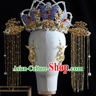 Chinese Handmade Palace Blueing Butterfly Phoenix Coronet Hairpins Ancient Princess Hanfu Hair Accessories Headwear for Women