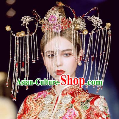 Chinese Handmade Palace Red Cloisonne Phoenix Coronet Hairpins Ancient Princess Hanfu Hair Accessories Headwear for Women