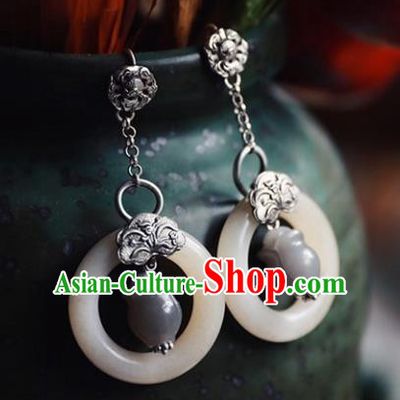 Handmade Chinese Classical Jade Ring Earrings Ancient Palace Hanfu Ear Accessories for Women