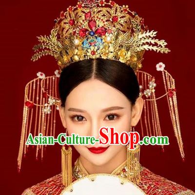 Chinese Handmade Palace Queen Red Crystal Phoenix Coronet Hairpins Ancient Hair Accessories Headwear for Women