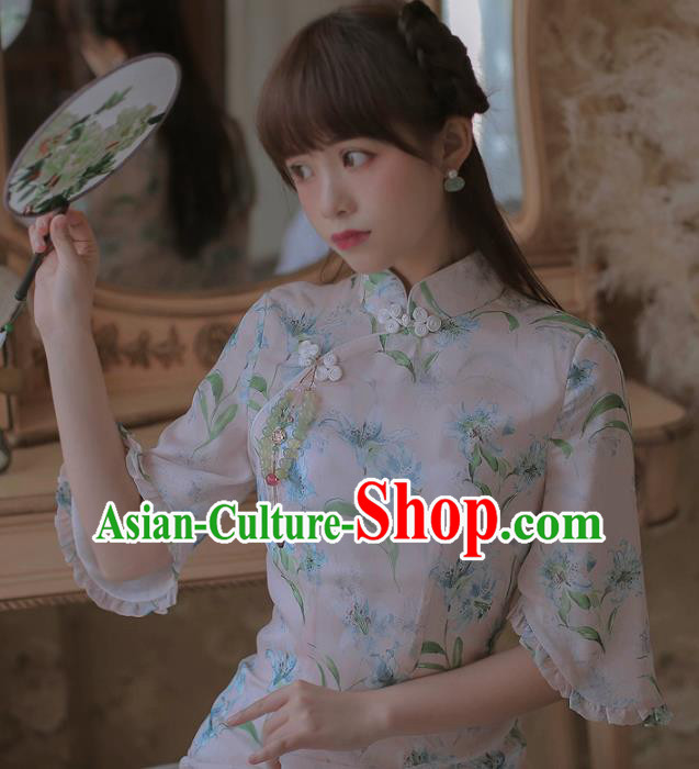 Chinese Classical National Printing White Cheongsam Traditional Tang Suit Qipao Dress for Women Chinese Classical National Printing White Cheongsam Traditional Tang Suit Qipao Dress for Women