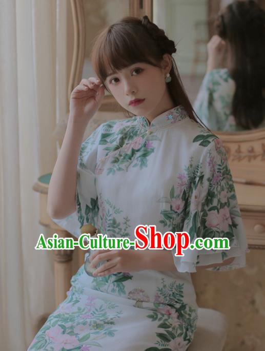 Chinese Classical National Printing Green Cheongsam Traditional Tang Suit Qipao Dress for Women Chinese Classical National Printing Green Cheongsam Traditional Tang Suit Qipao Dress for Women