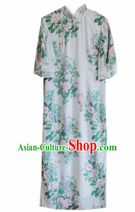 Chinese Classical National Printing Green Cheongsam Traditional Tang Suit Qipao Dress for Women Chinese Classical National Printing Green Cheongsam Traditional Tang Suit Qipao Dress for Women