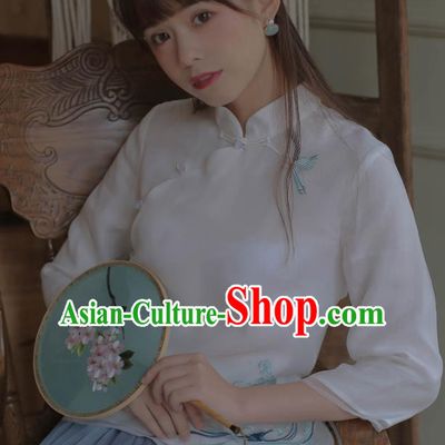 Chinese National Classical Embroidered White Silk Qipao Blouse Traditional Tang Suit Upper Outer Garment for Women