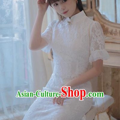 Chinese Classical National White Lace Cheongsam Traditional Tang Suit Qipao Dress for Women