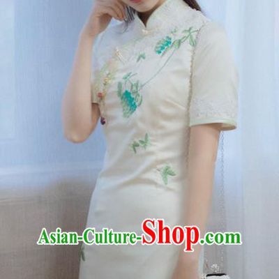 Chinese National Embroidered White Cheongsam Traditional Classical Tang Suit Qipao Dress for Women