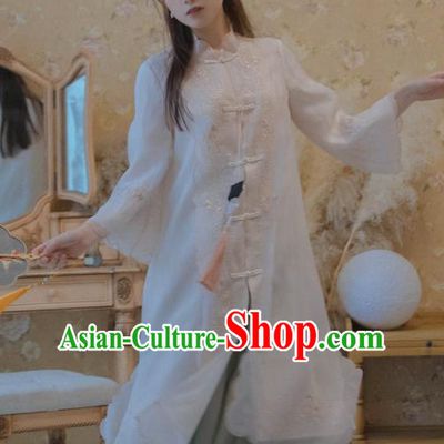 Chinese National Classical Embroidered White Silk Coat Traditional Tang Suit Upper Outer Garment for Women