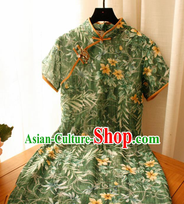 Chinese National Printing Green Cheongsam Traditional Classical Tang Suit Qipao Dress for Women Chinese National Printing Green Cheongsam Traditional Classical Tang Suit Qipao Dress for Women