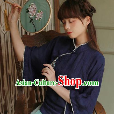 Chinese National Classical Navy Qipao Blouse Traditional Tang Suit Upper Outer Garment for Women